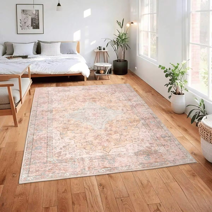 Boho Vintage Area Rug - Washable Faux Wool Low Pile Carpet | Non-Slip & Non-Shedding Indoor Rug For Living Room, Bedroom, Kids Room & Home Office