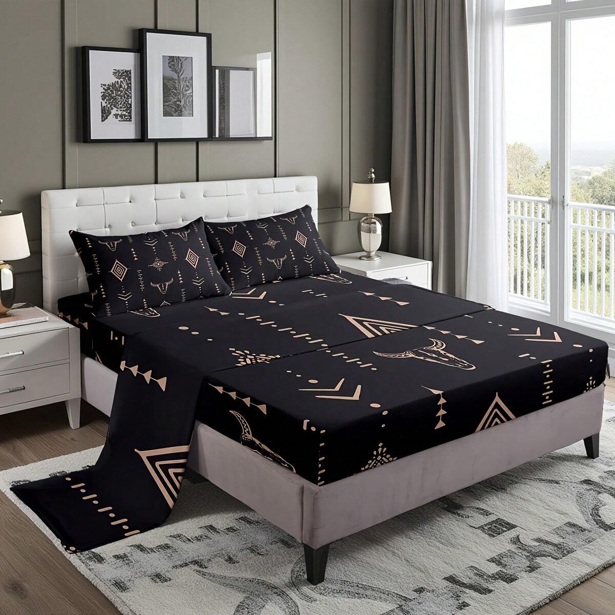 Erosebridal 3/4PCS Boho Bull Skull Bedding Set - Chic Bohemian Print Sheets For Men Adults Teens, Brown Geometric Horns Design, Mysterious Symbol Bedroom Decor - Machine Washable, Soft Microfiber(1 Fitted Sheet+1 Flat Sheet+1/2 Pillowcases)
